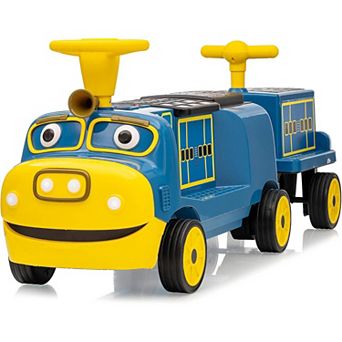 12V 2-Seater Kids Ride On Trackless Train w/Carriage, Adjustable Seat, Music, LED Lights & Storage