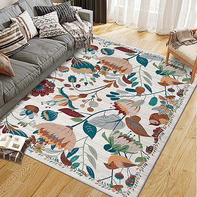 Boho Bird Floral Area Rugs, Washable Jungle Vintage Runners Carpet for Living Room Nursery Hallway