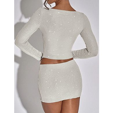 Women's Sequin 2-Piece Set Long Sleeve Crop Top Mini Skirt Party Set