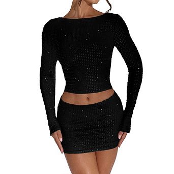 Women's Sequin 2 pc Set Long Sleeve Crop Top Mini Skirt Party Set