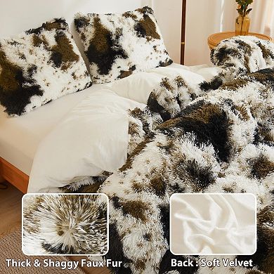 Luxury Shaggy Faux Fur Duvet Cover Set with Velvet Back - OEKO-TEX Certified, 3 Pieces (Queen Brown)