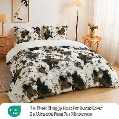 Luxury Shaggy Faux Fur Duvet Cover Set with Velvet Back - OEKO-TEX Certified, 3 Pieces (Queen Brown)