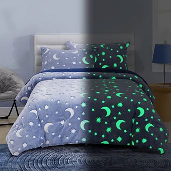 Glow in the Dark Comforter Set with Soft Coral Fleece, 7 Pieces, Full/Queen Size,Blue