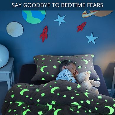 Glow in the Dark Comforter Set with Soft Coral Fleece, 7 Pieces, Full/Queen Size,Blue
