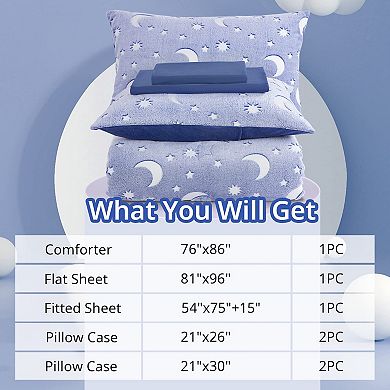 Glow in the Dark Comforter Set with Soft Coral Fleece, 7 Pieces, Full/Queen Size,Blue