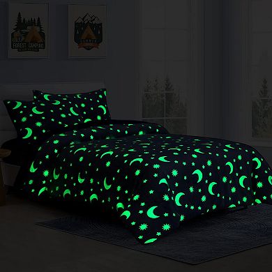 Glow in the Dark Comforter Set with Soft Coral Fleece, 7 Pieces, Full/Queen Size,Blue