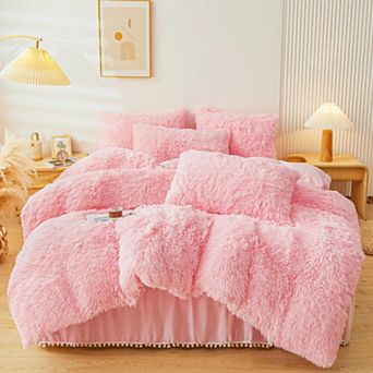 Pink Fuzzy Comforter Cover Set - 4 pc Queen Size with Velvet Skirt