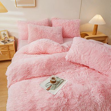Pink Fuzzy Comforter Cover Set - 4 Piece Queen Size with Velvet Skirt