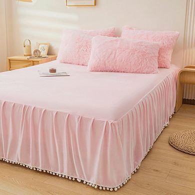 Pink Fuzzy Comforter Cover Set - 4 Piece Queen Size with Velvet Skirt