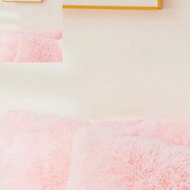 Pink Fuzzy Comforter Cover Set - 4 Piece Queen Size with Velvet Skirt