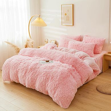 Pink Fuzzy Comforter Cover Set - 4 Piece Queen Size with Velvet Skirt