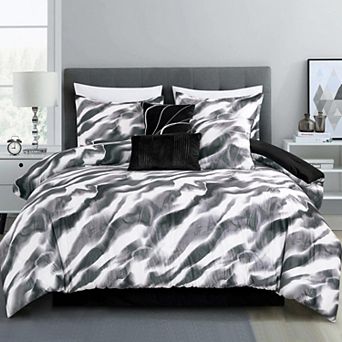 Modern Black Grey Marble Velvet Comforter Set - 7 pc Ultra-Soft, Designer Inspired