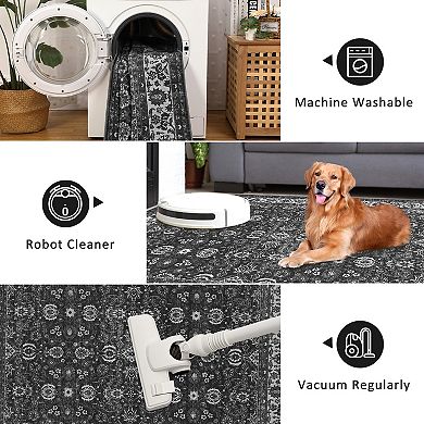 Washable Floral Area Rugs, Non-Slip Stain Resistant Vintage Boho Runners Carpets Indoor Outdoor