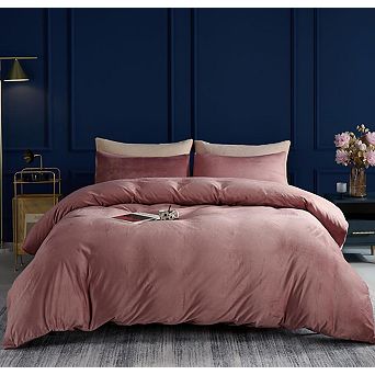 Luxury Velvet Duvet Cover Set, Blush Pink, Queen Size, Soft & Fluffy, Zipper Closure, 8 Corner Ties