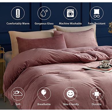 Luxury Velvet Duvet Cover Set, Blush Pink, Queen Size, Soft & Fluffy, Zipper Closure, 8 Corner Ties