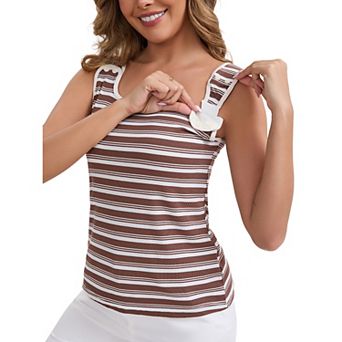 Women's Buckled Straps Breastfeeding Maternity Tank Top U-Neck Padded LooseFit Longline Striped Vest