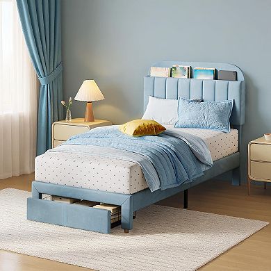 Twin Bed Frame for Kids, Upholstered Platform Bed with Large Storage Drawer and Bookcase Headboard