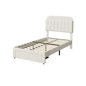Twin Bed Frame for Kids, Upholstered Platform Bed with Large Storage Drawer and Bookcase Headboard