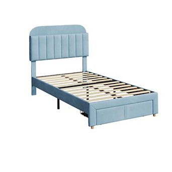 Twin Bed Frame for Kids, Upholstered Platform Bed with Large Storage Drawer and Bookcase Headboard