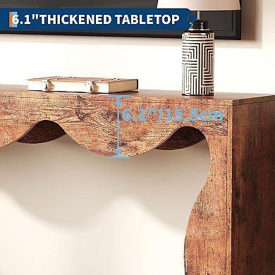 63 Inch Farmhouse Scalloped Console Table for Entryway, Narrow Wood Sofa Table Behind Couch