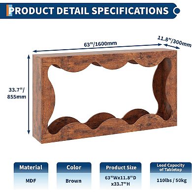 63 Inch Farmhouse Scalloped Console Table for Entryway, Narrow Wood Sofa Table Behind Couch