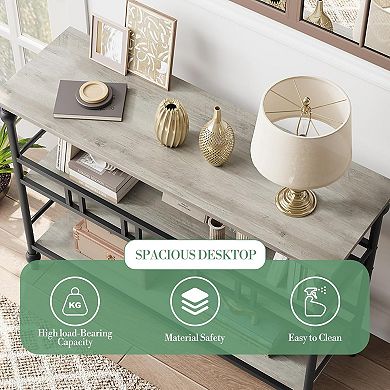 43" Rustic Console Table, 3-Tier MDF & Iron Shelves for Entryway, Living Room, Hallway