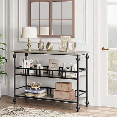 43" Rustic Console Table, 3-Tier MDF & Iron Shelves for Entryway, Living Room, Hallway