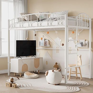 Loft Bed Twin Size, Heavy Duty Metal Loft Bed Frame with Arched Guardrail and Safety Ladder