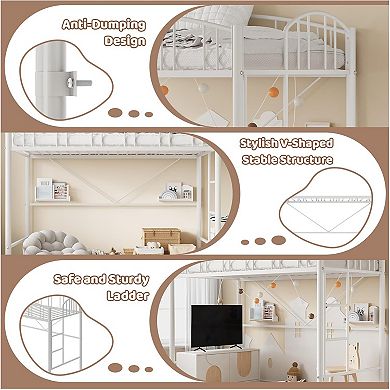 Loft Bed Twin Size, Heavy Duty Metal Loft Bed Frame with Arched Guardrail and Safety Ladder