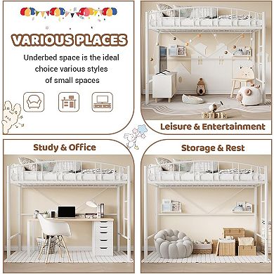 Loft Bed Twin Size, Heavy Duty Metal Loft Bed Frame with Arched Guardrail and Safety Ladder