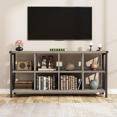 62" Farmhouse Wood Bookcase, 8-Cube Organizer - Low Entryway & Living Room Storage Shelf