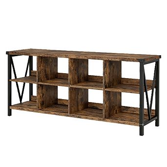 62" Farmhouse Wood Bookcase, 8-Cube Organizer - Low Entryway & Living Room Storage Shelf