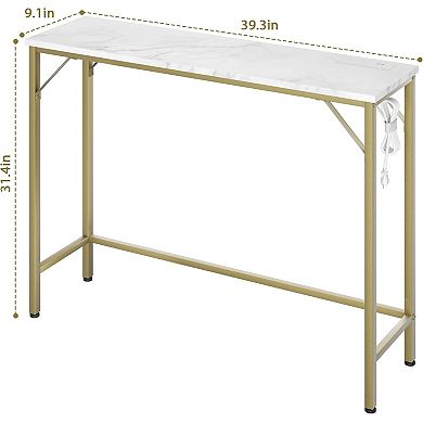 39.3" Console Sofa Table with Power Outlet, Faux Marble Top & Gold Frame for Entryway, Living Room