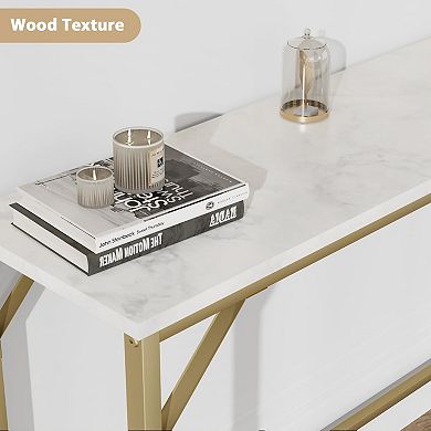 39.3" Console Sofa Table with Power Outlet, Faux Marble Top & Gold Frame for Entryway, Living Room