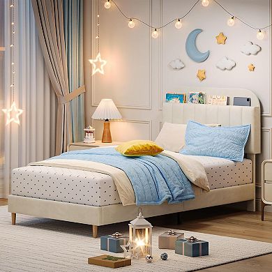 Upholstered Platform Bed with Bookcase Headboard, Strong Slats, Kids and Teens Room