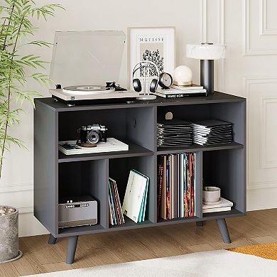 Large Record Player Stand, Wood Vinyl Record Storage Compact Record Player with Charging Station