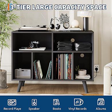 Large Record Player Stand, Wood Vinyl Record Storage Compact Record Player with Charging Station