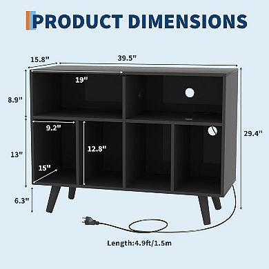 Large Record Player Stand, Wood Vinyl Record Storage Compact Record Player with Charging Station