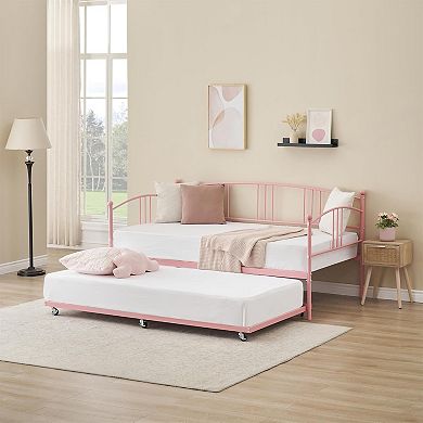 Twin Daybed with Trundle, Metal Twin Size Daybed with Pullout Trundle 6 Casters, Steel Slat Support