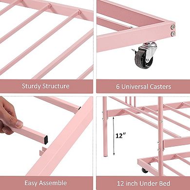 Twin Daybed with Trundle, Metal Twin Size Daybed with Pullout Trundle 6 Casters, Steel Slat Support