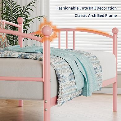 Twin Daybed with Trundle, Metal Twin Size Daybed with Pullout Trundle 6 Casters, Steel Slat Support