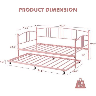 Twin Daybed with Trundle, Metal Twin Size Daybed with Pullout Trundle 6 Casters, Steel Slat Support