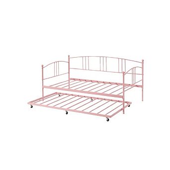 Twin Daybed with Trundle, Metal Twin Size Daybed with Pullout Trundle 6 Casters, Steel Slat Support