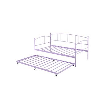 Twin Daybed with Trundle, Metal Twin Size Daybed with Pullout Trundle 6 Casters, Steel Slat Support