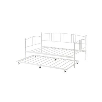 Twin Daybed with Trundle, Metal Twin Size Daybed with Pullout Trundle 6 Casters, Steel Slat Support