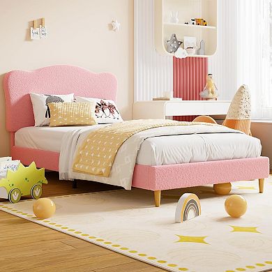 Velvet Platform Bed for Kids with Scalloped Headboard, No Box Spring, Wood Slats Support