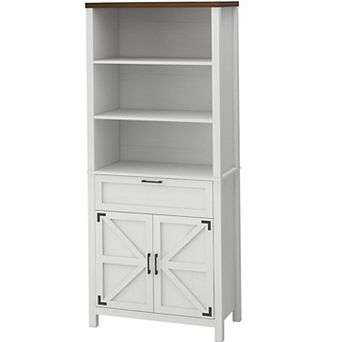 6 tier Bookshelf With Doors - Farmhouse Bookcase with Drawer