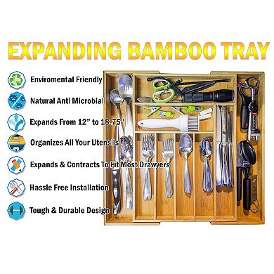 Expanding Bamboo Utensil Organizer Adjustable 12-18.75" for Kitchen Drawers, Hassle-Free