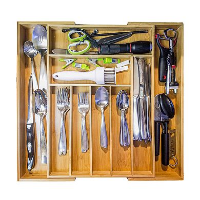 Expanding Bamboo Utensil Organizer Adjustable 12-18.75" for Kitchen Drawers, Hassle-Free