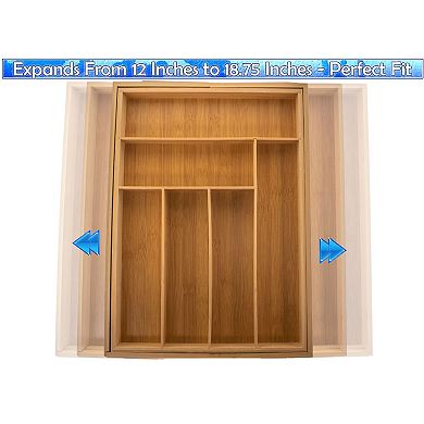 Expanding Bamboo Utensil Organizer Adjustable 12-18.75" for Kitchen Drawers, Hassle-Free